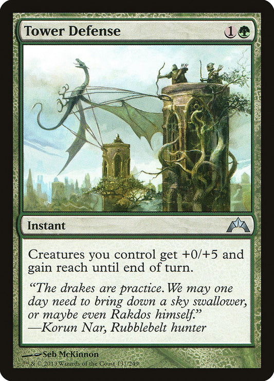 This Is An Image Of The Magic The Gathering Card Tower Defense From The Set Tarkir: Dragonstorm Commander - Designed By Artist Craig J Spearing