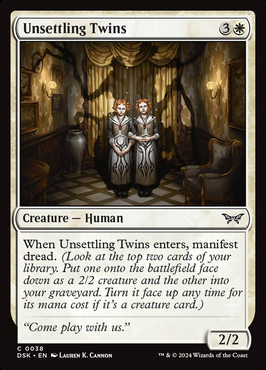 This Is An Image Of The Magic The Gathering Card Unsettling Twins From The Set Duskmourn: House of Horror - Designed By Artist Lauren K. Cannon