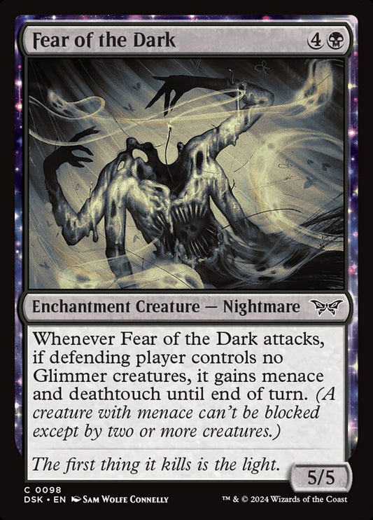 This Is An Image Of The Magic The Gathering Card Fear of the Dark From The Set Duskmourn: House of Horror - Designed By Artist Sam Wolfe Connelly