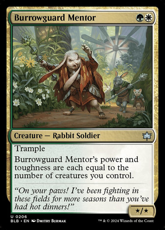 This Is An Image Of The Magic The Gathering Card Burrowguard Mentor From The Set Bloomburrow - Designed By Artist Dmitry Burmak