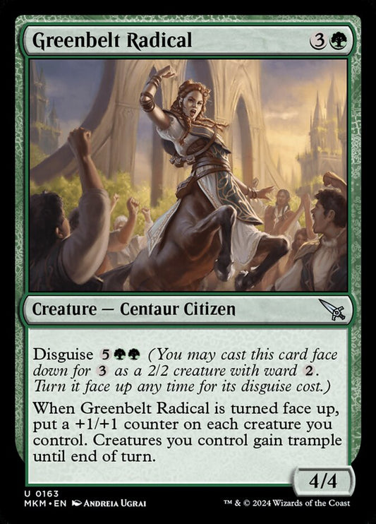 This Is An Image Of The Magic The Gathering Card Greenbelt Radical From The Set Murders at Karlov Manor - Designed By Artist Andreia Ugrai