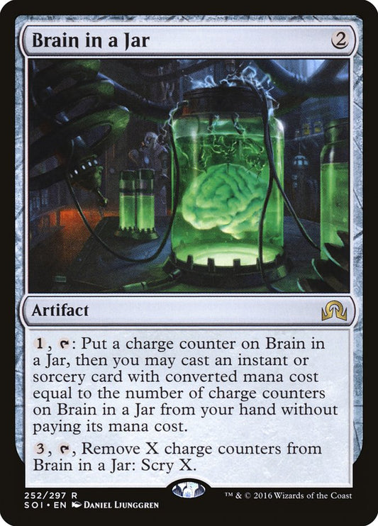 This Is An Image Of The Magic The Gathering Card Brain in a Jar From The Set Shadows over Innistrad - Designed By Artist Daniel Ljunggren