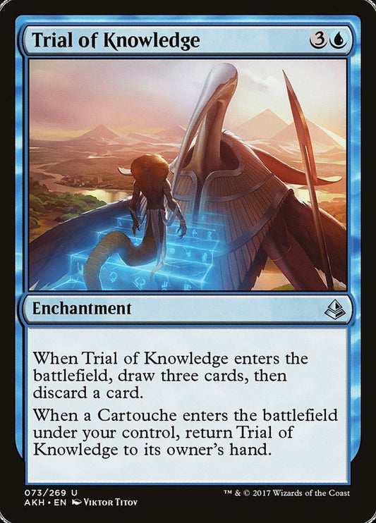 This Is An Image Of The Magic The Gathering Card Trial of Knowledge From The Set Amonkhet - Designed By Artist Viktor Titov