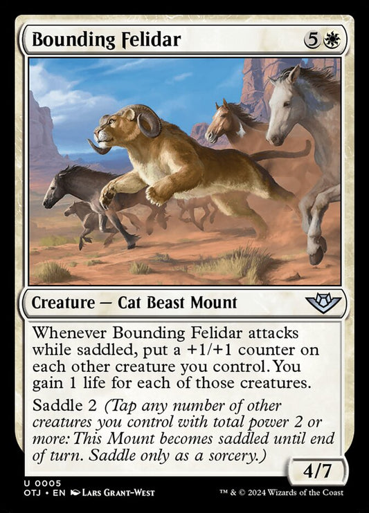 This Is An Image Of The Magic The Gathering Card Bounding Felidar From The Set Outlaws of Thunder Junction - Designed By Artist Lars Grant-West