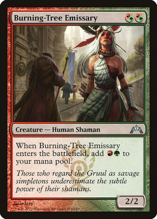 This Is An Image Of The Magic The Gathering Card Burning-Tree Emissary From The Set Double Masters 2022 - Designed By Artist Izzy
