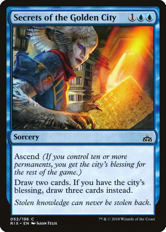 This Is An Image Of The Magic The Gathering Card Secrets of the Golden City From The Set Rivals of Ixalan - Designed By Artist Jason Felix