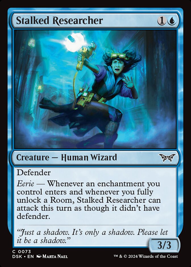 This Is An Image Of The Magic The Gathering Card Stalked Researcher From The Set Duskmourn: House of Horror - Designed By Artist Marta Nael