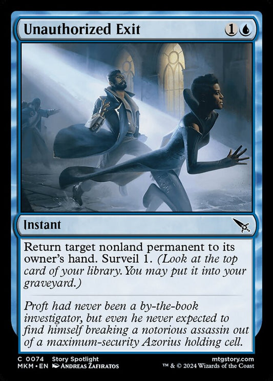 This Is An Image Of The Magic The Gathering Card Unauthorized Exit From The Set Murders at Karlov Manor - Designed By Artist Andreas Zafiratos