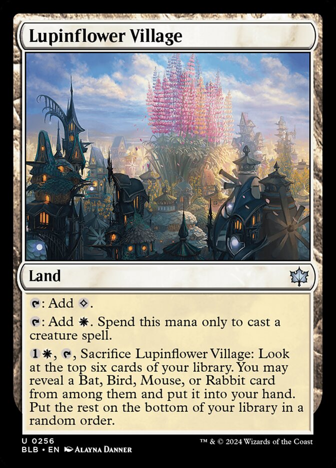 This Is An Image Of The Magic The Gathering Card Lupinflower Village From The Set Bloomburrow - Designed By Artist Alayna Danner