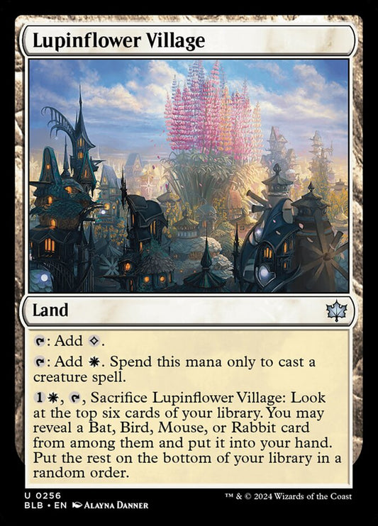 This Is An Image Of The Magic The Gathering Card Lupinflower Village From The Set Bloomburrow - Designed By Artist Alayna Danner