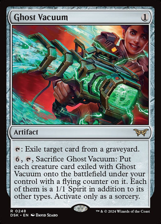 This Is An Image Of The Magic The Gathering Card Ghost Vacuum From The Set Duskmourn: House of Horror - Designed By Artist David Szabo