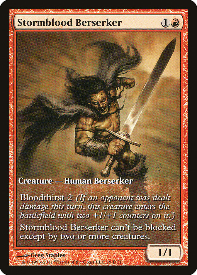 This Is An Image Of The Magic The Gathering Card Stormblood Berserker From The Set Ravnica: Clue Edition - Designed By Artist Min Yum