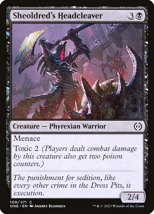 This Is An Image Of The Magic The Gathering Card Sheoldred's Headcleaver From The Set Phyrexia: All Will Be One - Designed By Artist Andrey Kuzinskiy