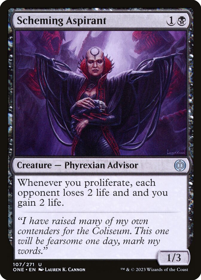 This Is An Image Of The Magic The Gathering Card Scheming Aspirant From The Set Phyrexia: All Will Be One - Designed By Artist Lauren K. Cannon