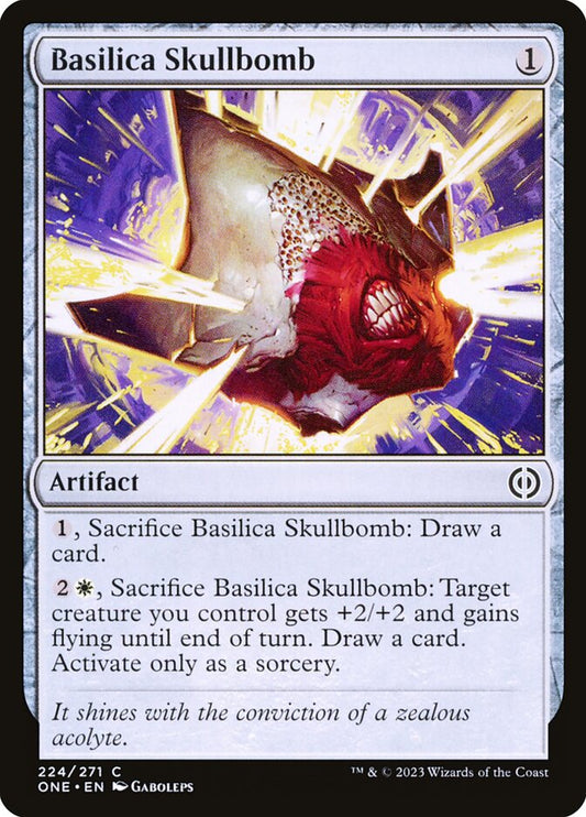 This Is An Image Of The Magic The Gathering Card Basilica Skullbomb From The Set Phyrexia: All Will Be One - Designed By Artist Gaboleps