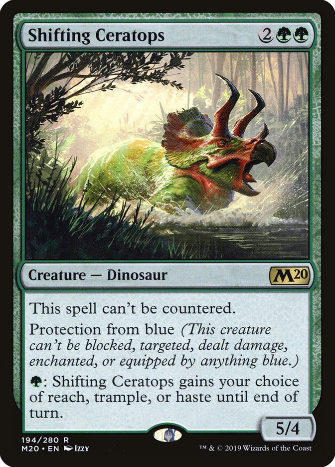 This Is An Image Of The Magic The Gathering Card Shifting Ceratops From The Set The Lost Caverns of Ixalan Commander - Designed By Artist Izzy