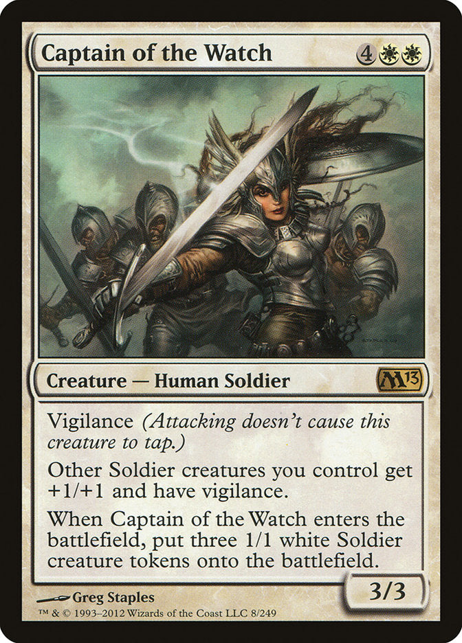 This Is An Image Of The Magic The Gathering Card Captain of the Watch From The Set Duel Decks: Elspeth vs. Kiora - Designed By Artist Greg Staples