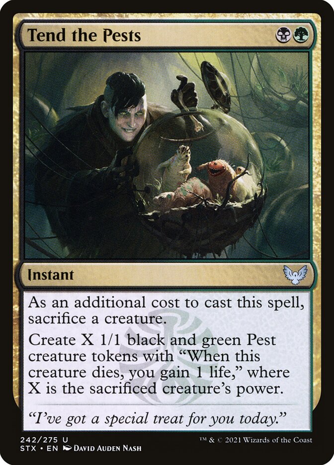 This Is An Image Of The Magic The Gathering Card Tend the Pests From The Set Strixhaven: School of Mages - Designed By Artist David Auden Nash