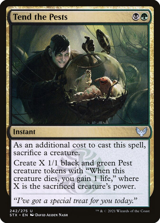 This Is An Image Of The Magic The Gathering Card Tend the Pests From The Set Strixhaven: School of Mages - Designed By Artist David Auden Nash