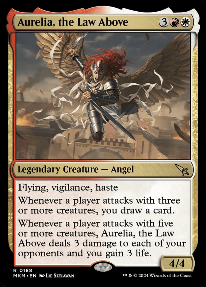 This Is An Image Of The Magic The Gathering Card Aurelia, the Law Above From The Set Murders at Karlov Manor - Designed By Artist Lie Setiawan