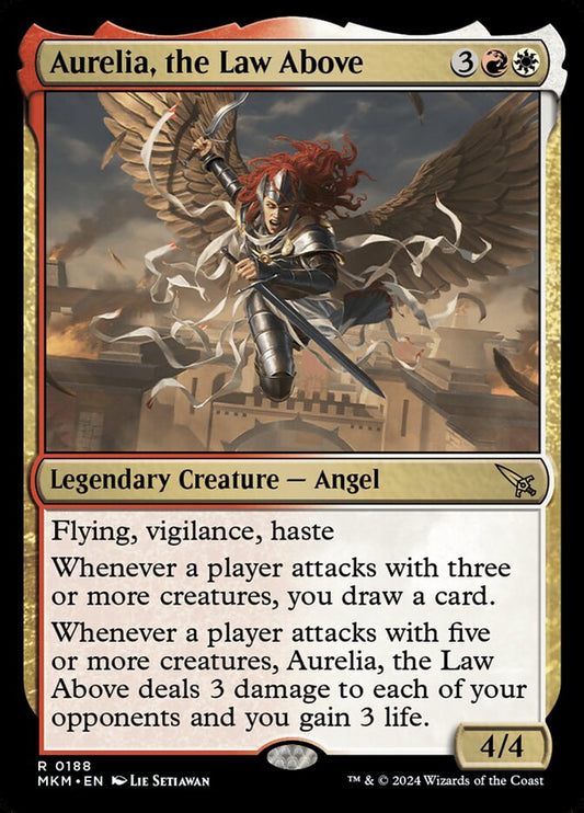 This Is An Image Of The Magic The Gathering Card Aurelia, the Law Above From The Set Murders at Karlov Manor - Designed By Artist Lie Setiawan
