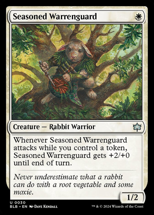 This Is An Image Of The Magic The Gathering Card Seasoned Warrenguard From The Set Bloomburrow - Designed By Artist Dave Kendall