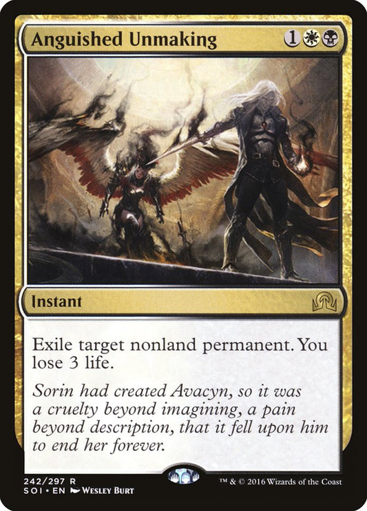 This Is An Image Of The Magic The Gathering Card Anguished Unmaking From The Set Tarkir: Dragonstorm Commander - Designed By Artist Wesley Burt