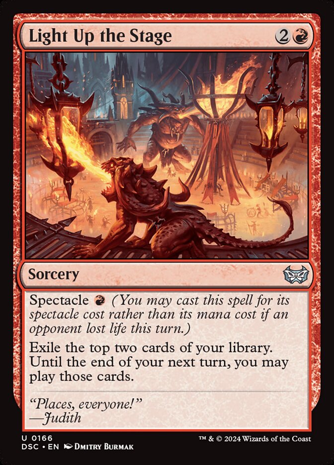 This Is An Image Of The Magic The Gathering Card Light Up the Stage From The Set Duskmourn: House of Horror Commander - Designed By Artist Dmitry Burmak