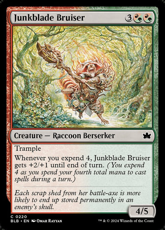This Is An Image Of The Magic The Gathering Card Junkblade Bruiser From The Set Bloomburrow - Designed By Artist Omar Rayyan