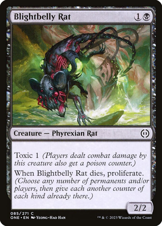 This Is An Image Of The Magic The Gathering Card Blightbelly Rat From The Set Phyrexia: All Will Be One - Designed By Artist Yeong-Hao Han