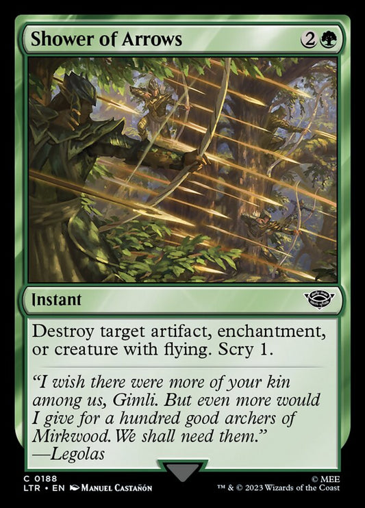 This Is An Image Of The Magic The Gathering Card Shower of Arrows From The Set The Lord of the Rings: Tales of Middle-earth - Designed By Artist Manuel Castañón