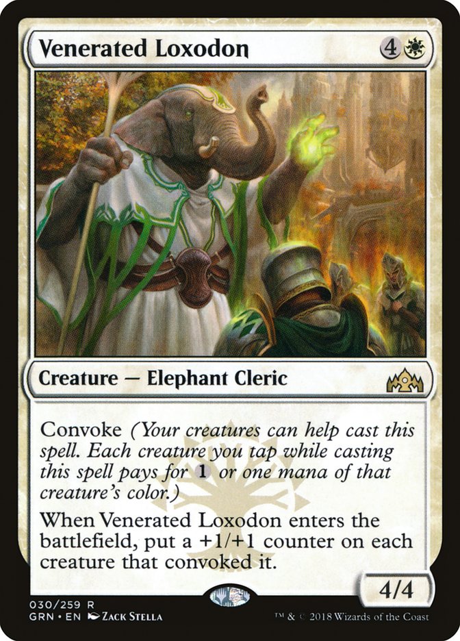 This Is An Image Of The Magic The Gathering Card Venerated Loxodon From The Set March of the Machine Commander - Designed By Artist Zack Stella