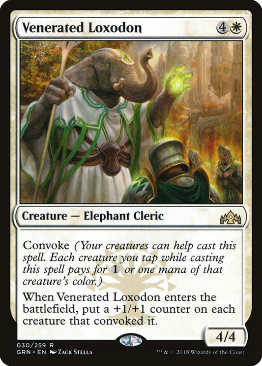 This Is An Image Of The Magic The Gathering Card Venerated Loxodon From The Set March of the Machine Commander - Designed By Artist Zack Stella