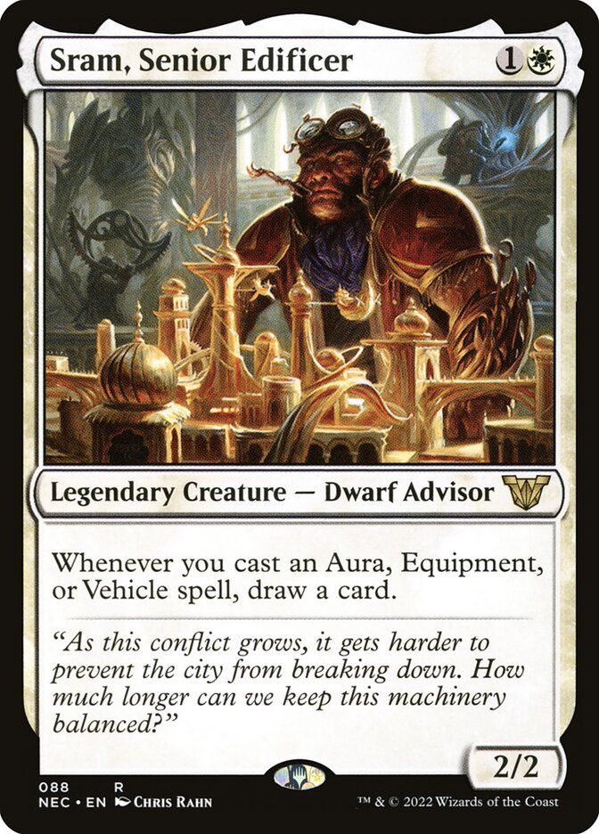 This Is An Image Of The Magic The Gathering Card Sram, Senior Edificer From The Set Neon Dynasty Commander - Designed By Artist Chris Rahn