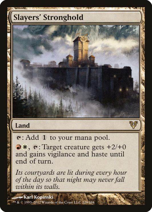 This Is An Image Of The Magic The Gathering Card Slayers' Stronghold From The Set Murders at Karlov Manor Commander - Designed By Artist Karl Kopinski