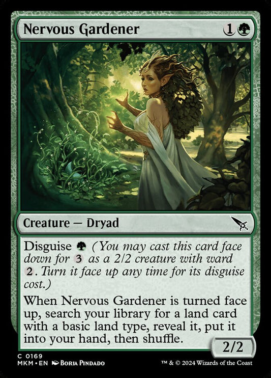 This Is An Image Of The Magic The Gathering Card Nervous Gardener From The Set Murders at Karlov Manor - Designed By Artist Borja Pindado