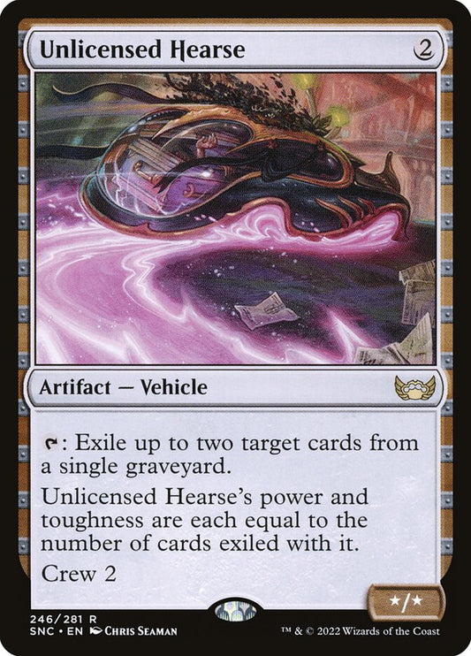 This Is An Image Of The Magic The Gathering Card Unlicensed Hearse From The Set Streets of New Capenna - Designed By Artist Chris Seaman