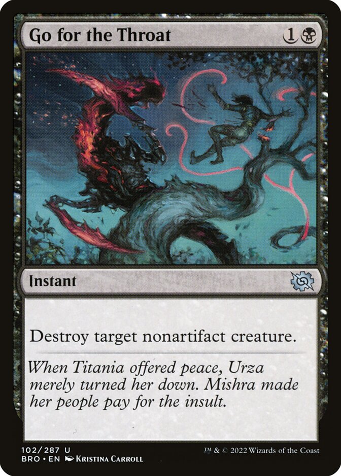 This Is An Image Of The Magic The Gathering Card Go for the Throat From The Set March of the Machine Commander - Designed By Artist Kristina Carroll
