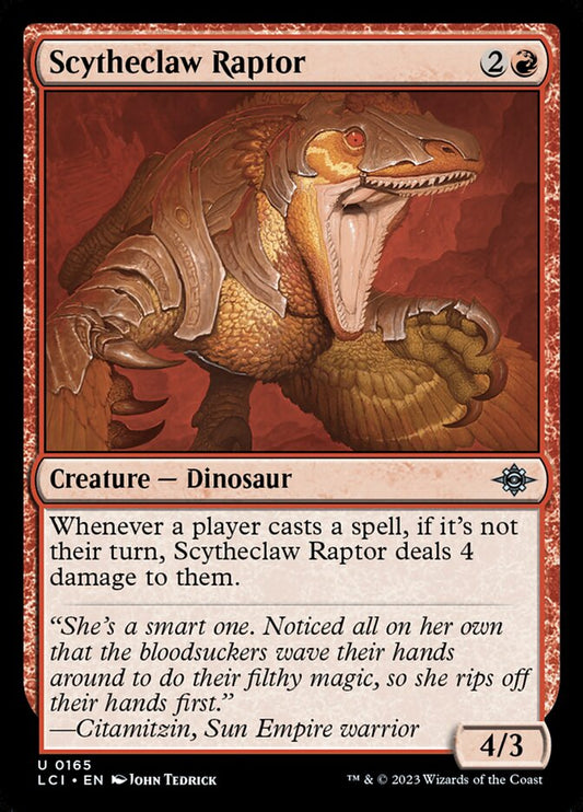 This Is An Image Of The Magic The Gathering Card Scytheclaw Raptor From The Set The Lost Caverns of Ixalan - Designed By Artist John Tedrick