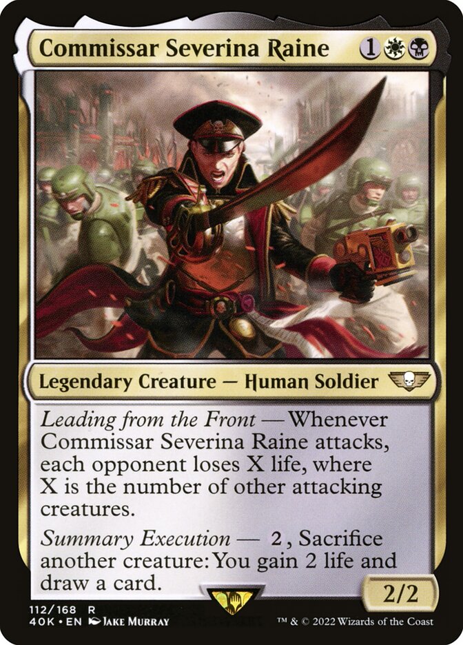 This Is An Image Of The Magic The Gathering Card Commissar Severina Raine From The Set Warhammer 40,000 Commander - Designed By Artist Jake Murray