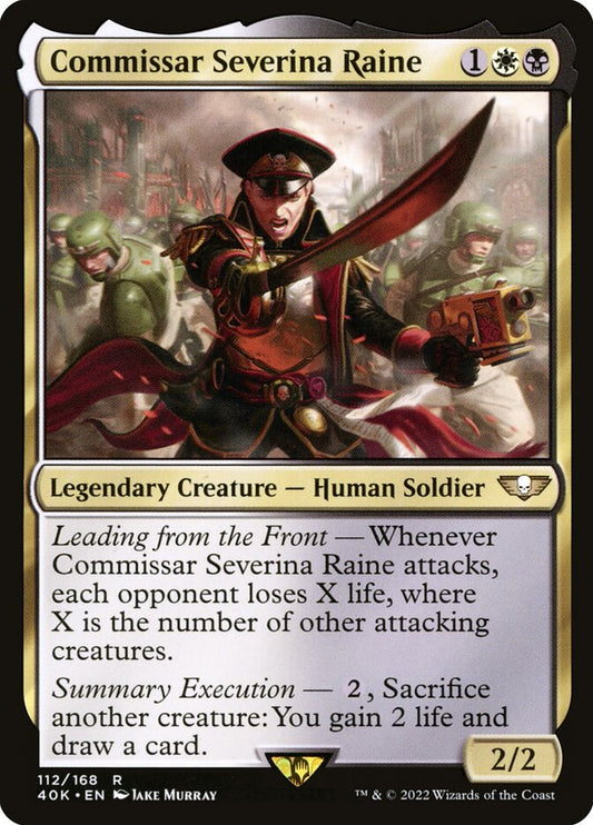 This Is An Image Of The Magic The Gathering Card Commissar Severina Raine From The Set Warhammer 40,000 Commander - Designed By Artist Jake Murray