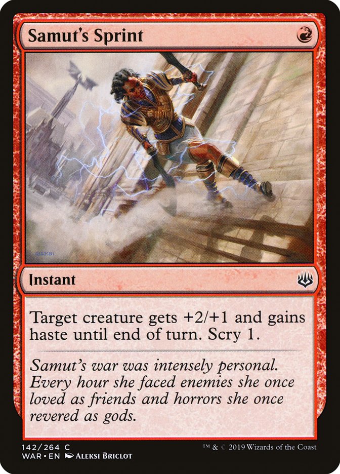 This Is An Image Of The Magic The Gathering Card Samut's Sprint From The Set War of the Spark - Designed By Artist Aleksi Briclot