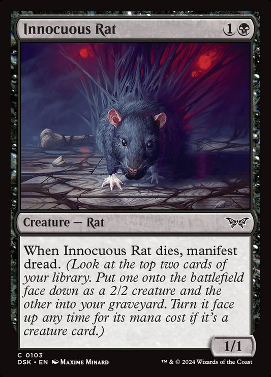 This Is An Image Of The Magic The Gathering Card Innocuous Rat From The Set Duskmourn: House of Horror - Designed By Artist Maxime Minard