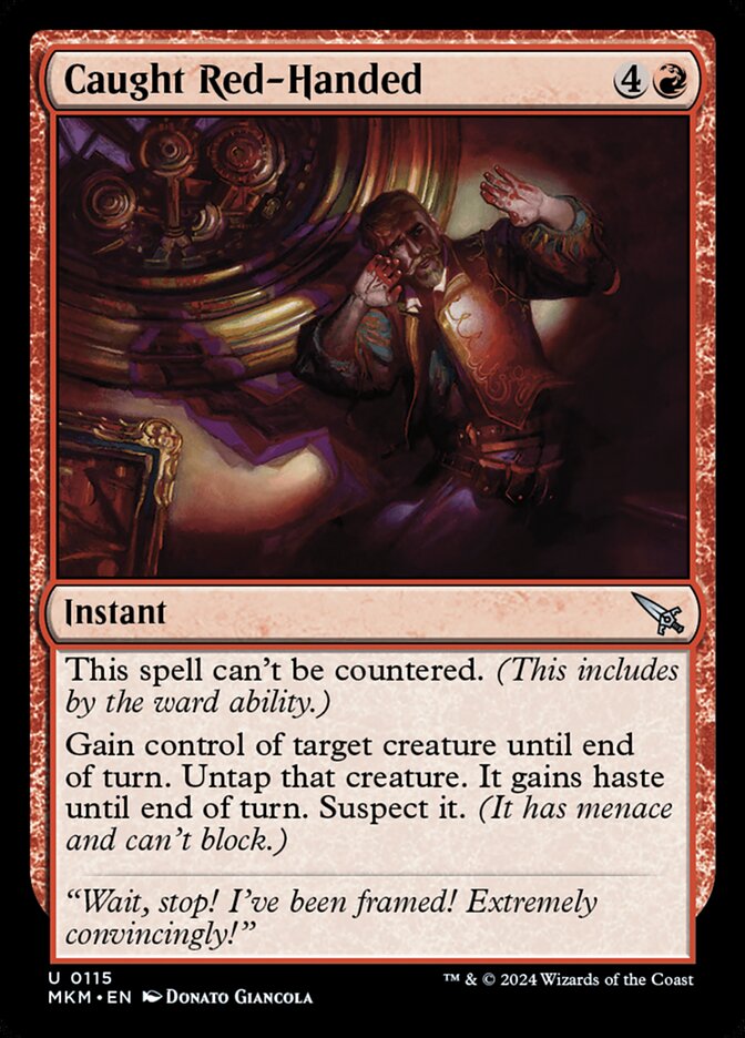 This Is An Image Of The Magic The Gathering Card Caught Red-Handed From The Set Murders at Karlov Manor - Designed By Artist Donato Giancola