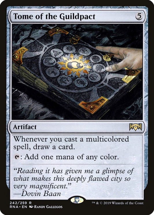 This Is An Image Of The Magic The Gathering Card Tome of the Guildpact From The Set Ravnica Allegiance - Designed By Artist Randy Gallegos