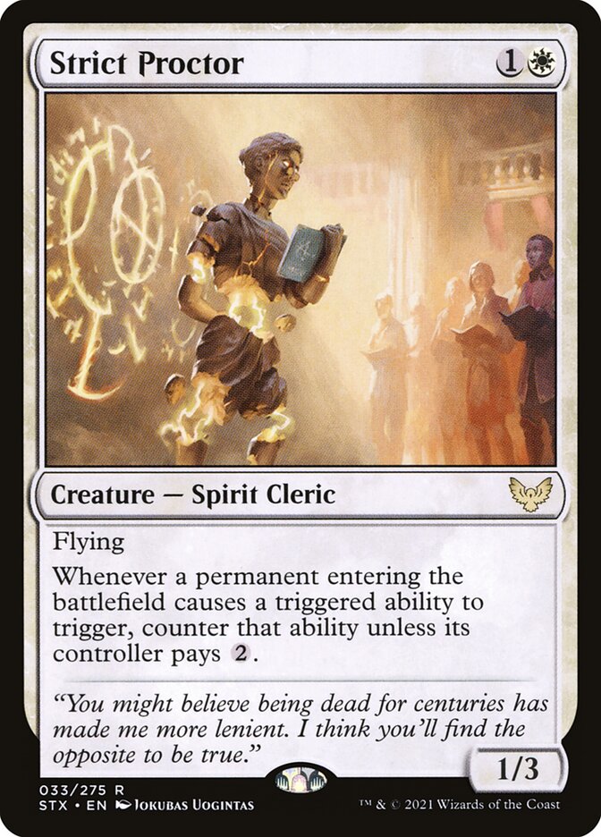 This Is An Image Of The Magic The Gathering Card Strict Proctor From The Set Strixhaven: School of Mages - Designed By Artist Jokubas Uogintas