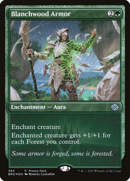 This Is An Image Of The Magic The Gathering Card Blanchwood Armor From The Set Foundations - Designed By Artist Manuel Castañón