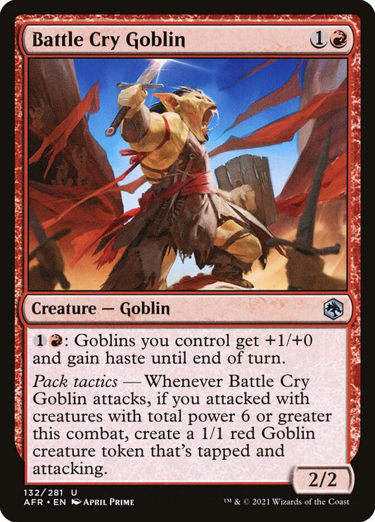 This Is An Image Of The Magic The Gathering Card Battle Cry Goblin From The Set Adventures in the Forgotten Realms - Designed By Artist April Prime