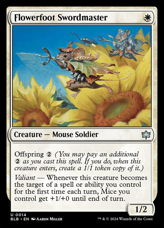 This Is An Image Of The Magic The Gathering Card Flowerfoot Swordmaster From The Set Bloomburrow - Designed By Artist Aaron Miller