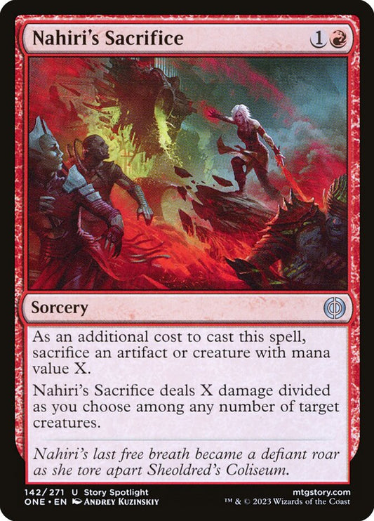 This Is An Image Of The Magic The Gathering Card Nahiri's Sacrifice From The Set Phyrexia: All Will Be One - Designed By Artist Andrey Kuzinskiy